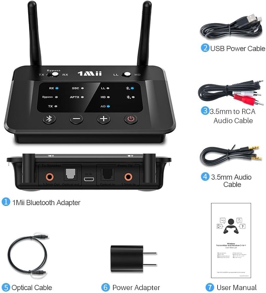 1Mii B03 Bluetooth 5.3 Transmitter Receiver Long Range Audio Adapter Opt AUX RCA