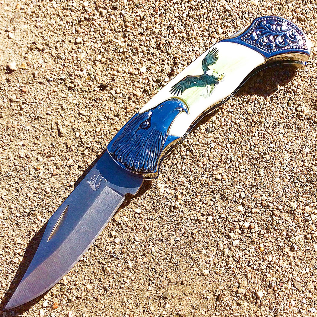 7.25" Fantasy Collectible Eagle / Wolf Printed + Engraved Handle Folding Knife