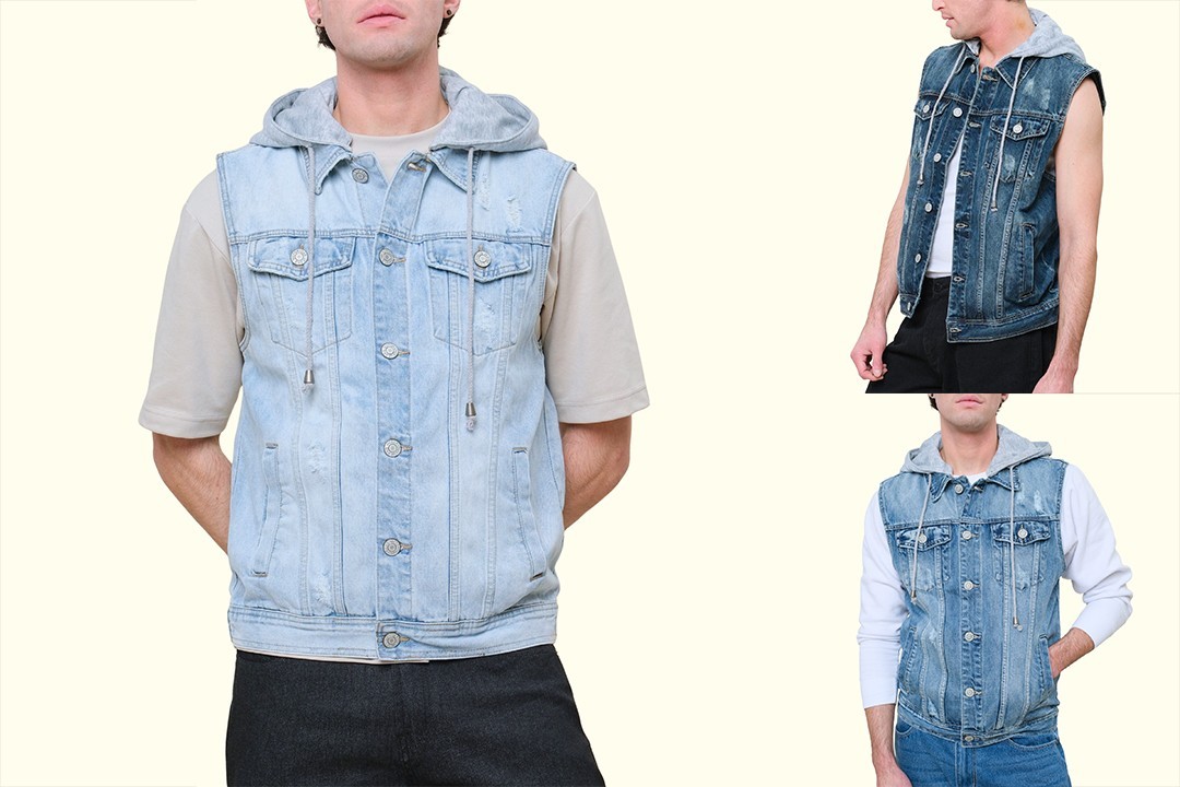 Victorious Men's Distressed Detachable Hoodie Denim Vest    S ~ 5XL    DK108