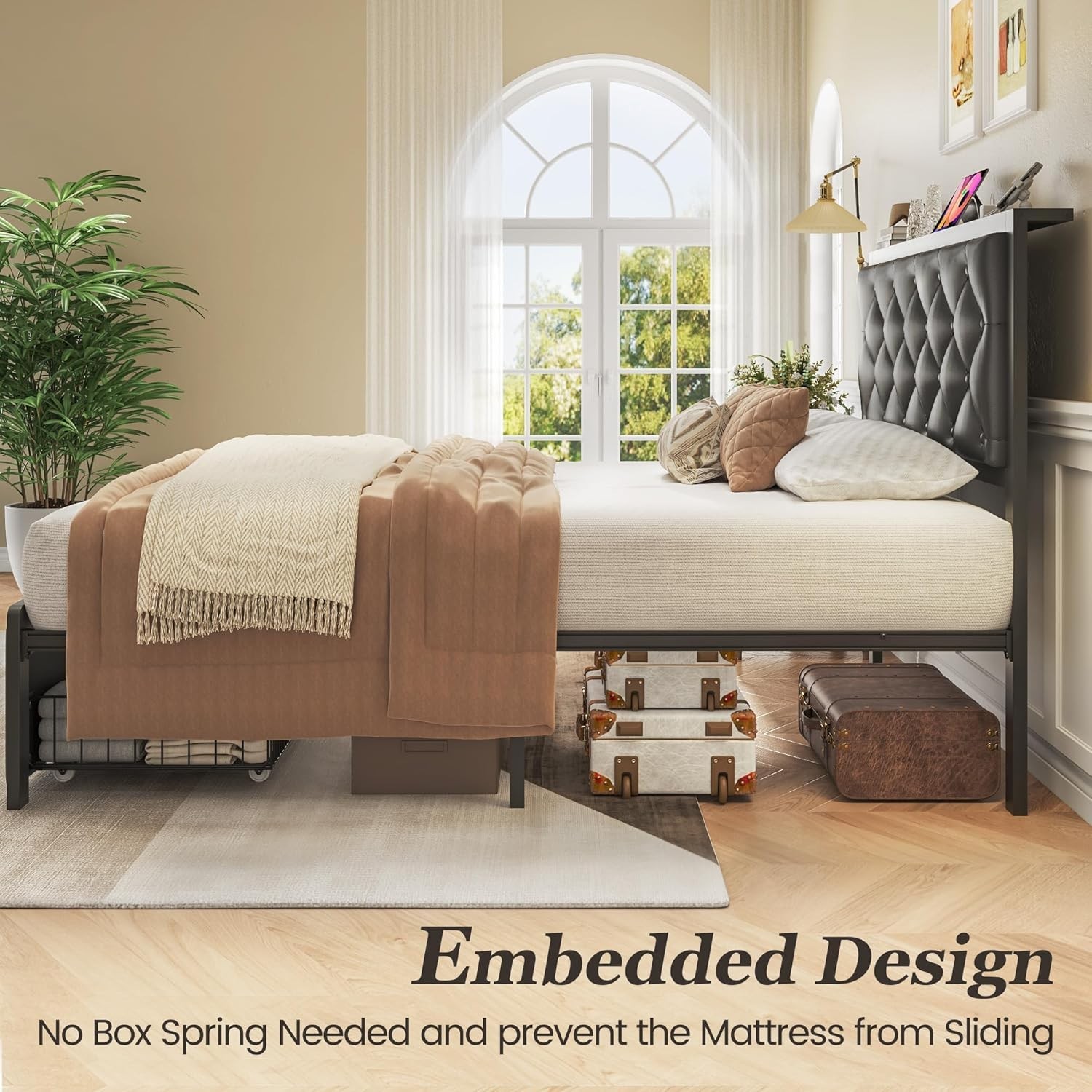 Twin Button Tufted Bed Frame Storage Drawer Upholstered Headboard Charging