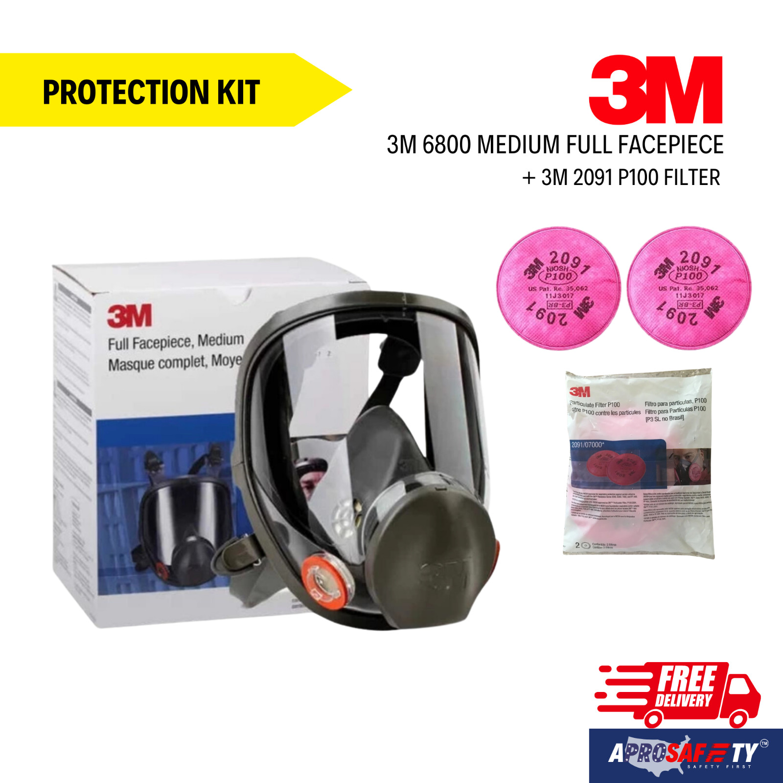3M FULL FACE RESPIRATOR FACEPIECE MASK MEDIUM 6800+2091 P100 PARTICULATE FILTER