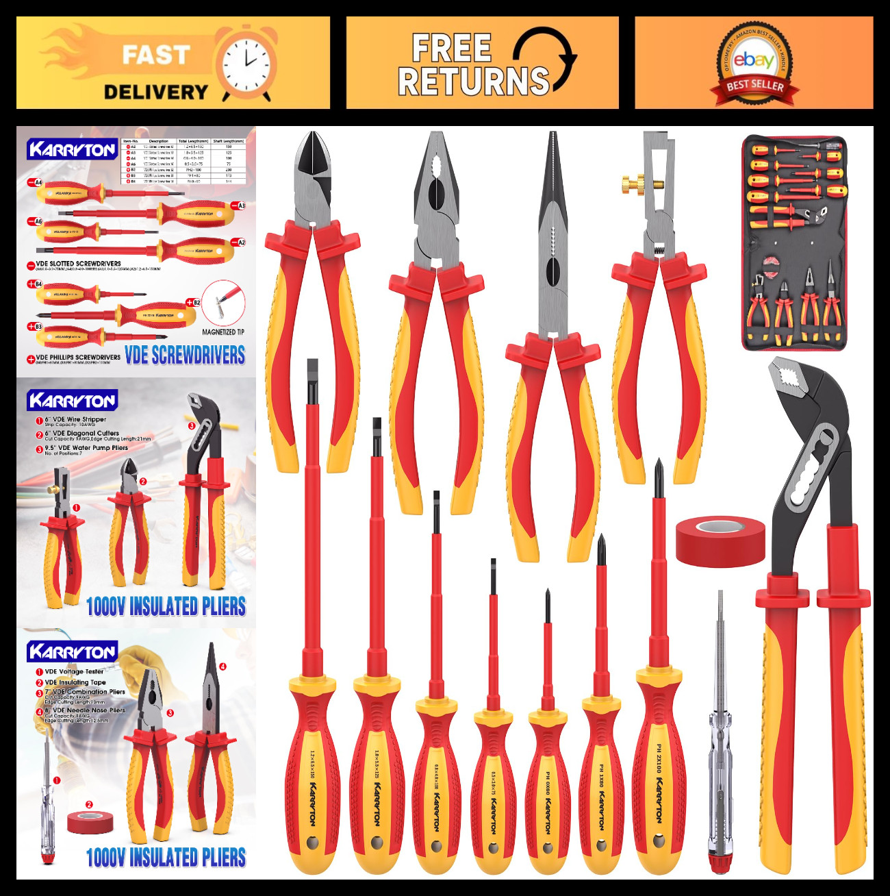 14PC Insulated Electrician Tool Set, VDE Certified Electrical Kit w/ Pliers & Sc