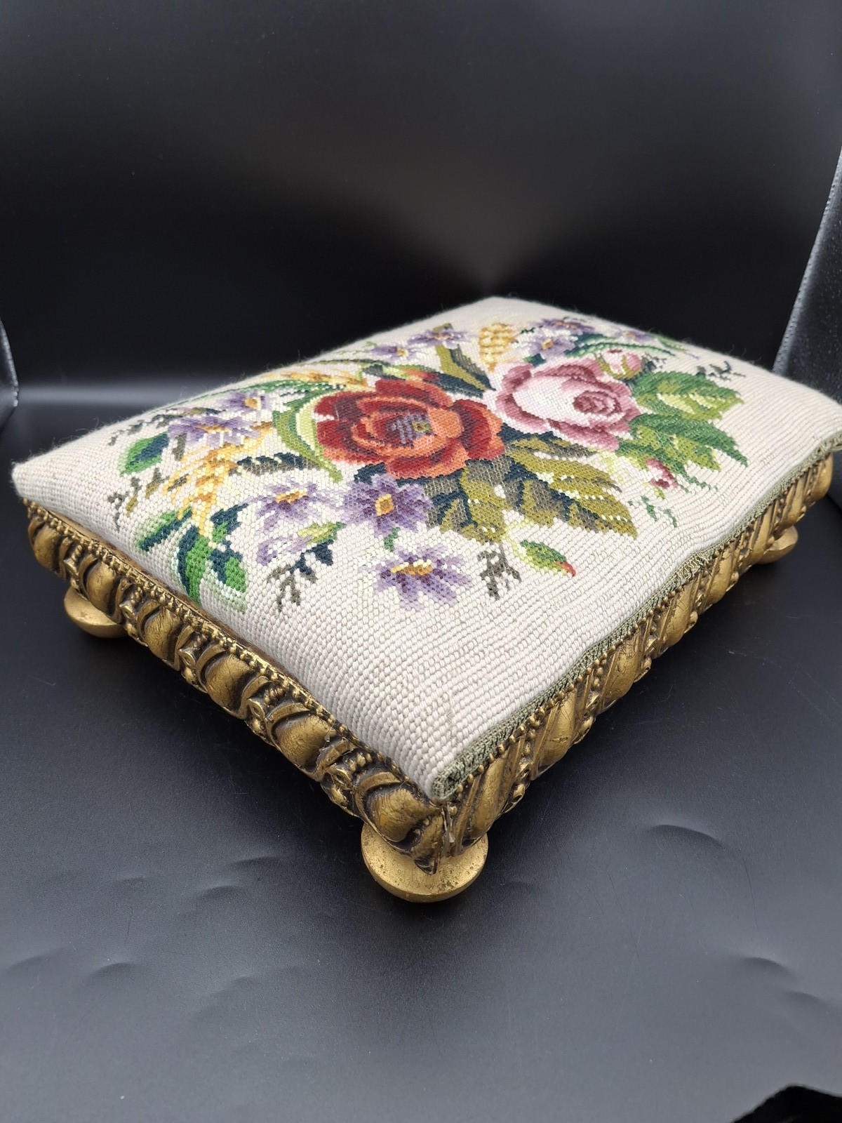 Petit point foot rest gilt foot stool vintage sweden