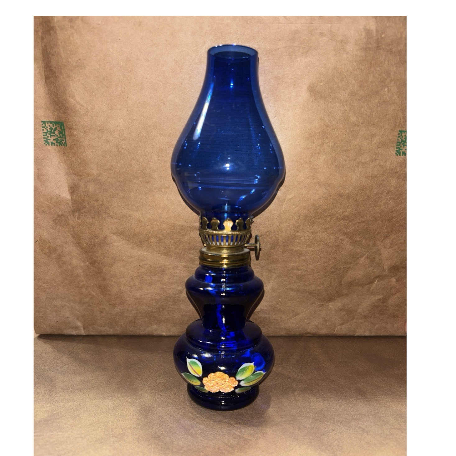 Blue Glass Lantern Oil Lamp with Floral Painted Finish and Art Theme