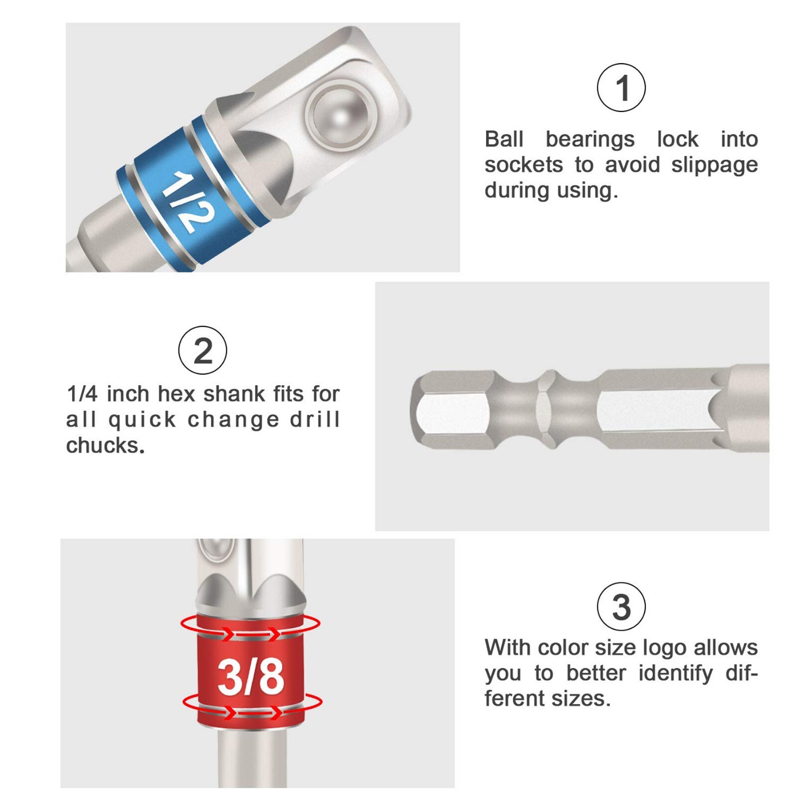 6Pcs Socket Adapter Drill Bits Set Hex Impact Driver Tools 1/4" 3/8" 1/2" Shank
