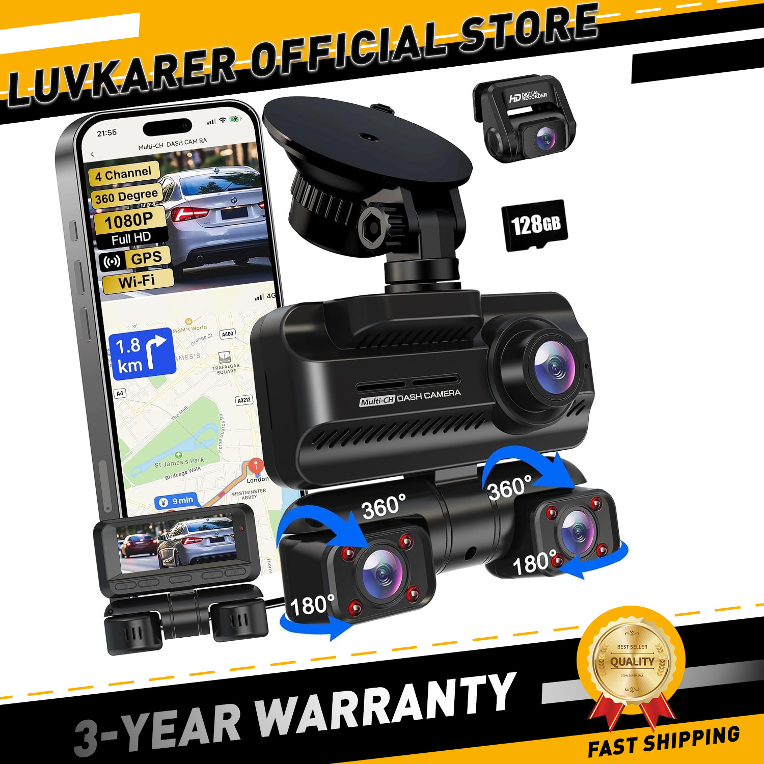 Dash Cam 4K 360° Front Rear DashCam 128G Wi-Fi GPS 3.18” IPS WDR Night Vision