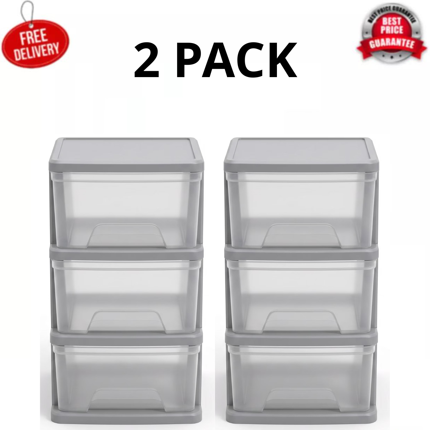 Starplast 3-Drawer Organization Tower Medium Storage Cart, Silver Plastic, 2 PK