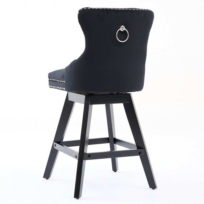 Set of 2 Swivel Velvet Barstools w/Button Tufted Decoration & Wooden Legs Black