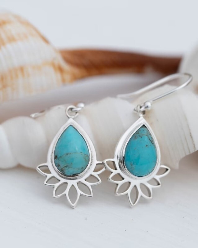 Sterling 925 Silver Pear Shaped Turquoise Handmade Genuine Dangle Earrings