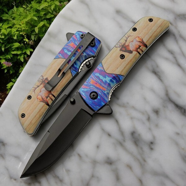 Folding Knife | Elk Blue Brown Stainless Steel Drop Point Blade Tactical EDC