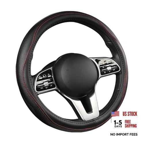 Genuine Leather Steering Wheel Cover | Real Cowhide, 15-16 Inch 16inch BlackRed