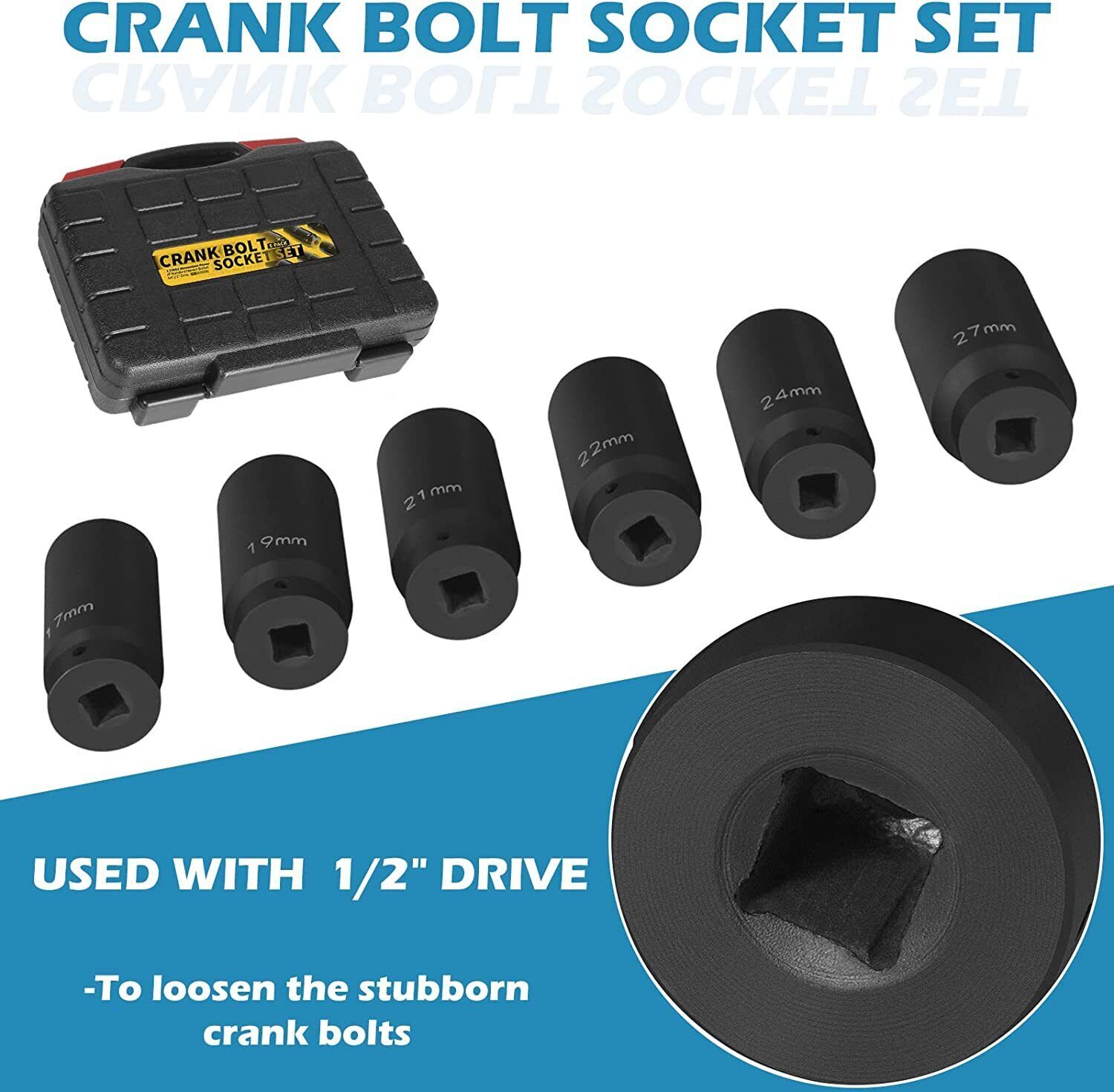 1/2’’ Drive Weighted Crank Bolt Socket Set, 17MM, 19MM, 21MM, 22MM, 24MM, 27MM