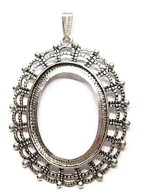 4 of 40x30mm Antique Silver Oval Victorian Deco Triple Lacy Pendant Settings