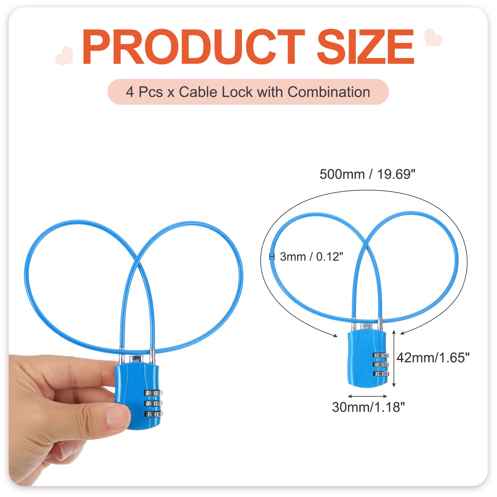 4 Pcs 3 Digit Luggage Cable Combination Lock with 20" Long Cable, Blue