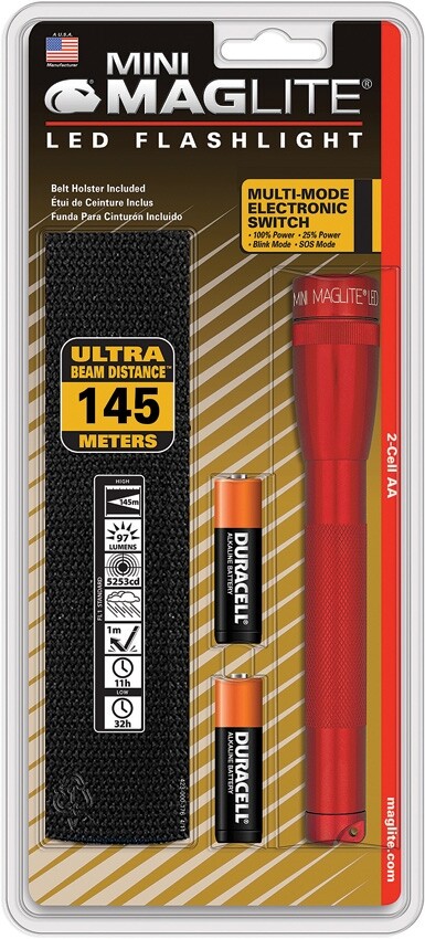 Mag-Lite Mini Flashlight 2AA Cell LED Red Durable Energy Management Focusing LED