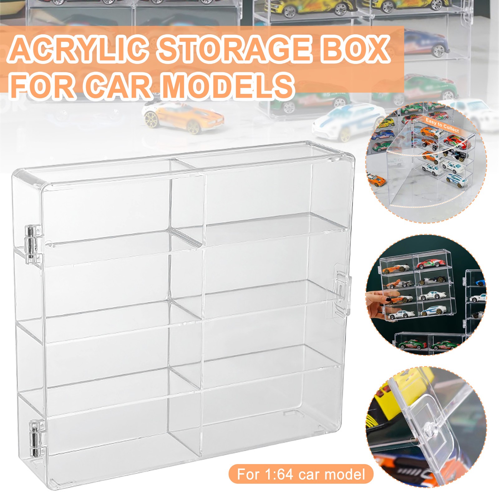Model Car Diecast Display Case 1:64 Scale 8 Car Compartment with Locking Latch