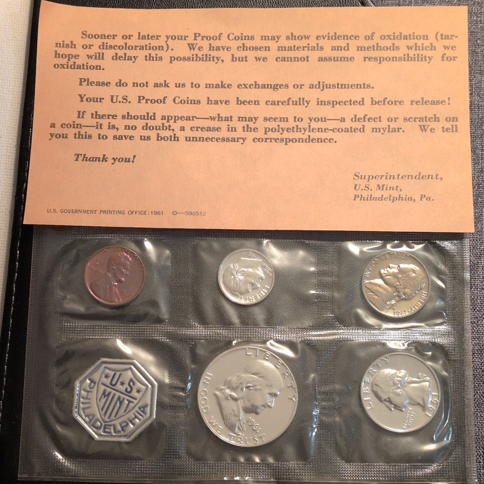 1961 U.S. Mint Proof Set Philadelphia (5 Coins) Uncirculated w/ Mint Token