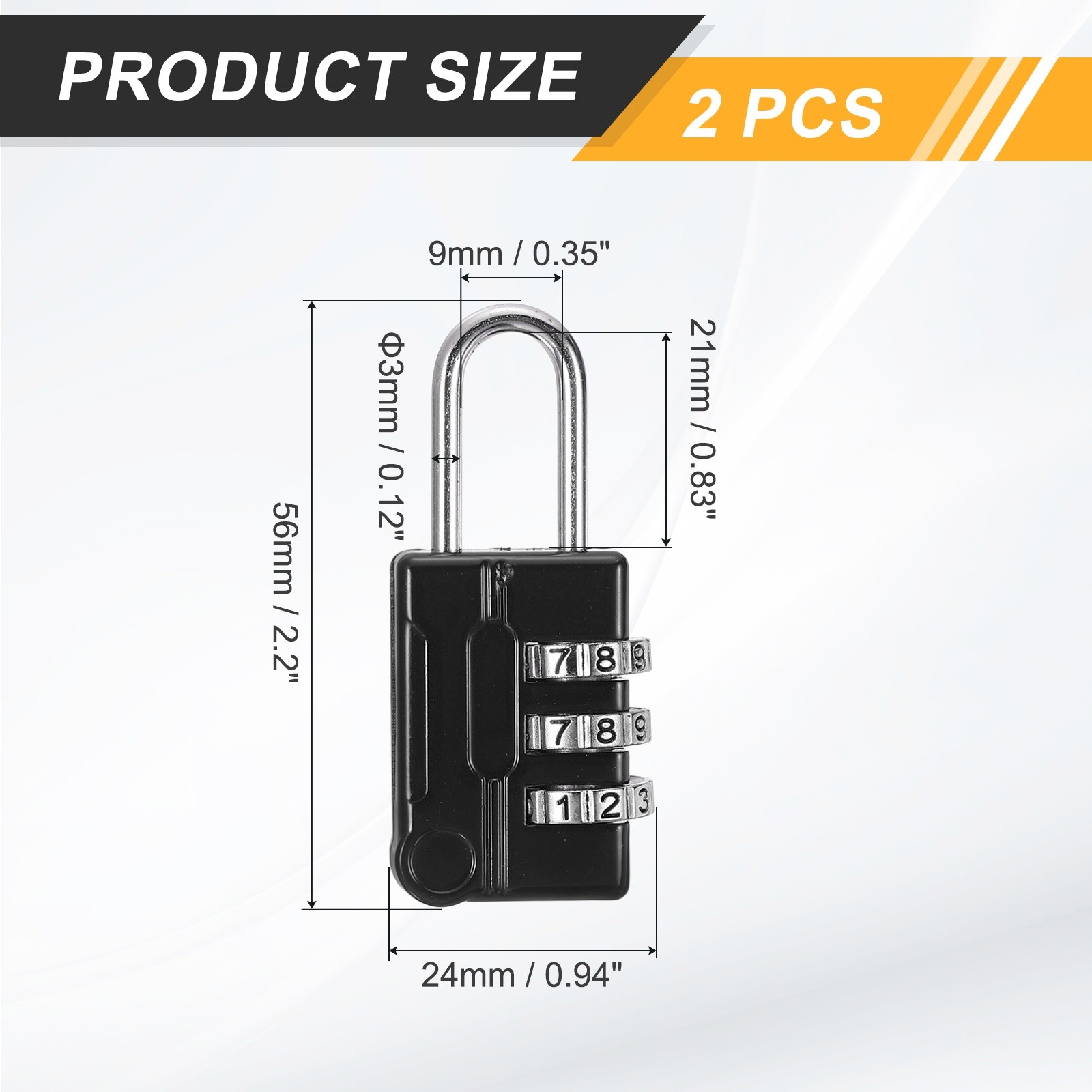 2Pcs Resettable 3 Digit Combination Lock Code Padlock, Black (56 x 24mm)