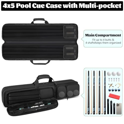 Pool Cue Case - 4x4 Padded Pool Cue Bag - Holds 4 Butts and 4 Shafts, black-1