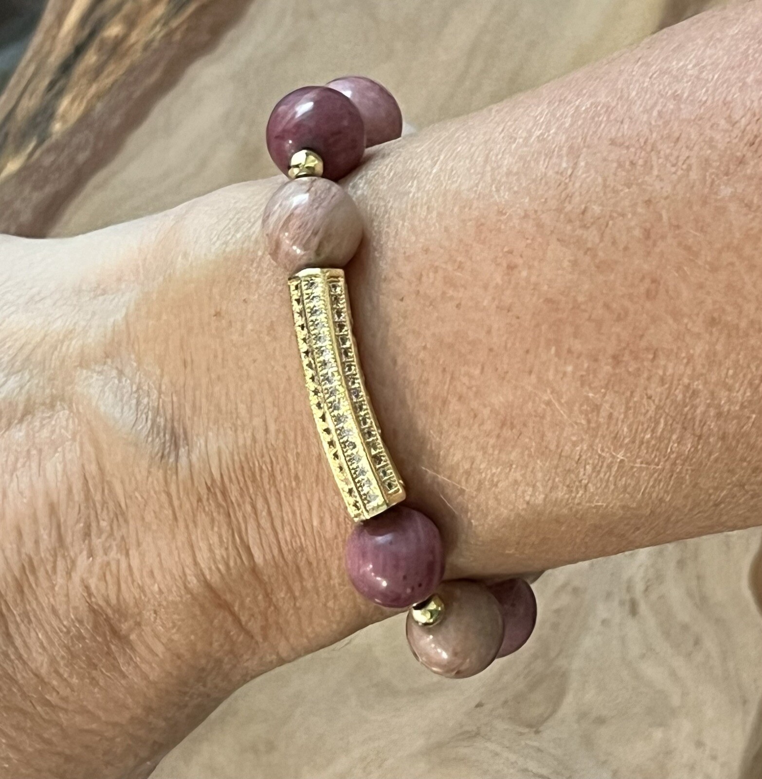 Women’s Bracelet In Rhodonite Pink Gemstone Beaded, Handmade with Gold Pave