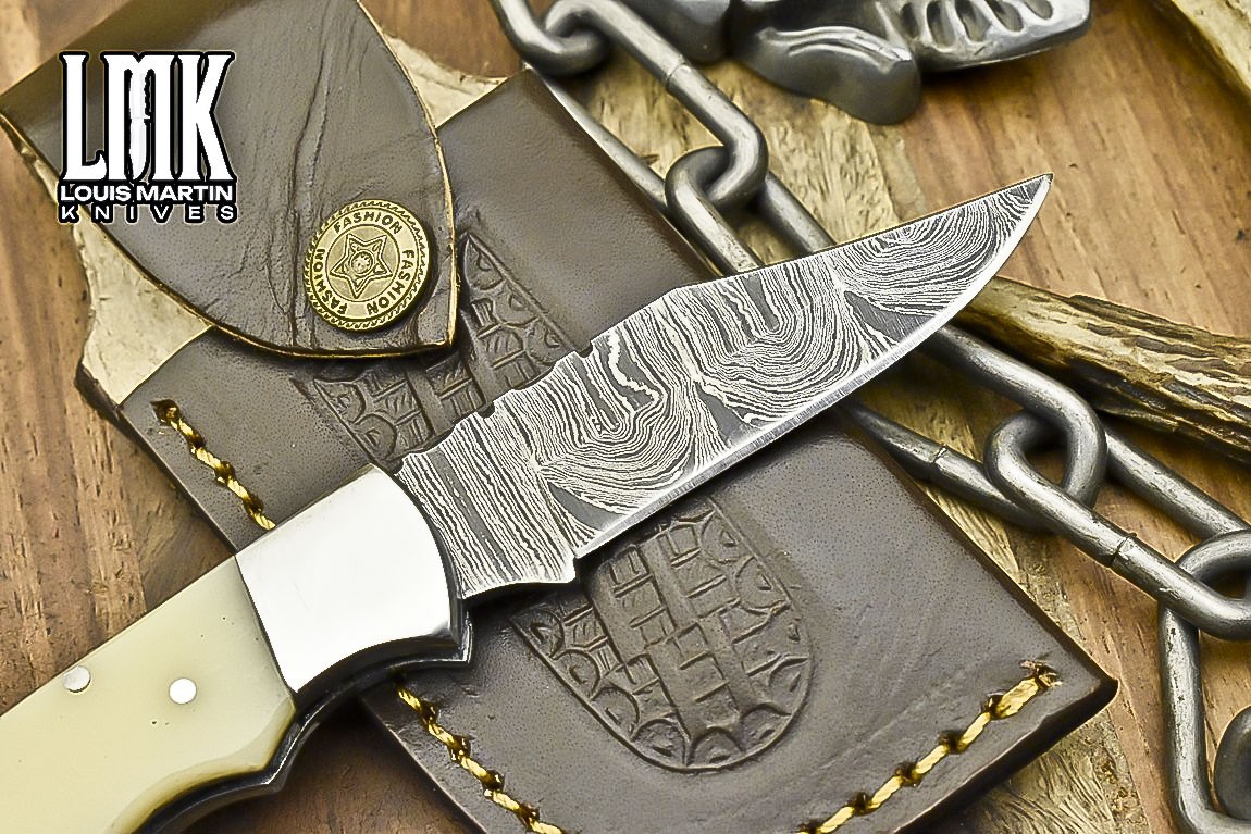 LMK Custom Twist Damascus Pocket Folding Knife Bone Back Lock Hiking Razor Sharp