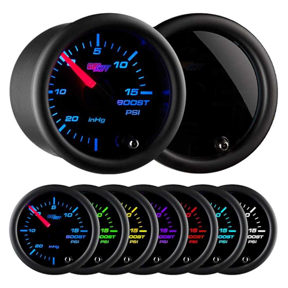 GlowShift Tinted 7 Color 15 PSI Turbo Boost/Vacuum Gauge Kit - Includes Mechanic
