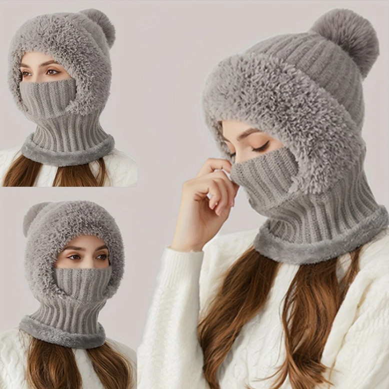 Women Winter Beanie Hats One Piece Fleece Lined Knit Balaclavas Mask Set Warm