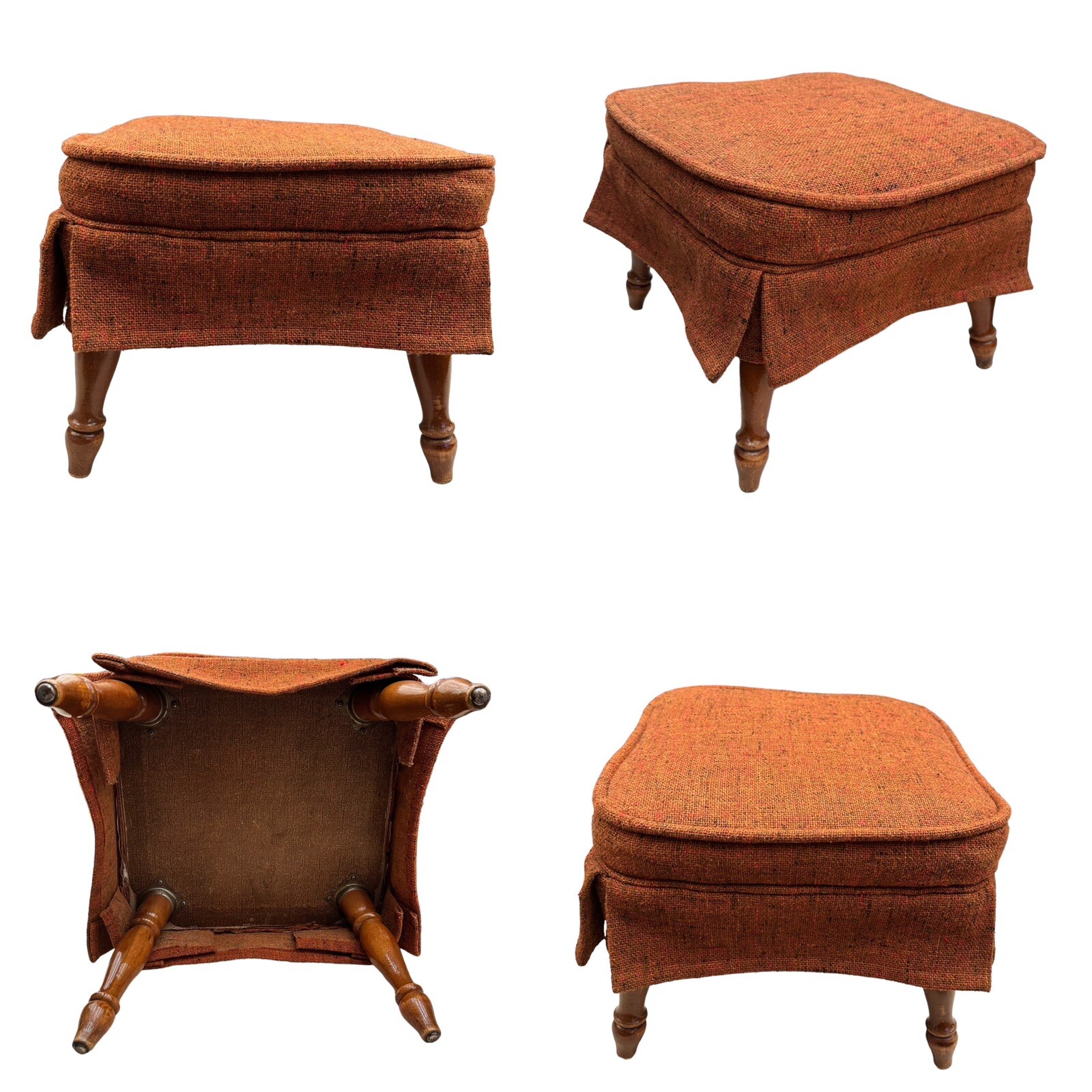 Vintage MCM Brown/Burnt Orange Tweed Footstool W/ Wooden Legs, 17” Wide 13” Tall