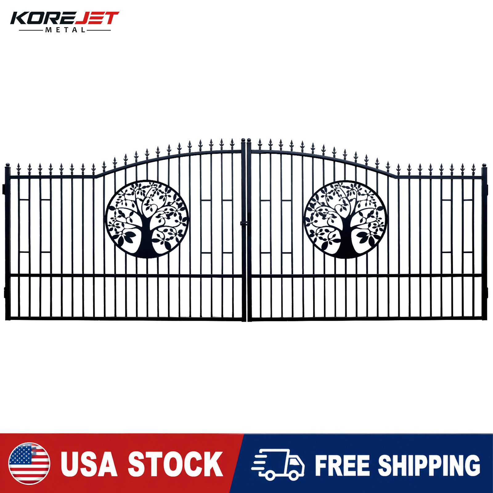 20FT x 7FT Dual Swing Wrought Iron Driveway Gate Decorative Tree Design