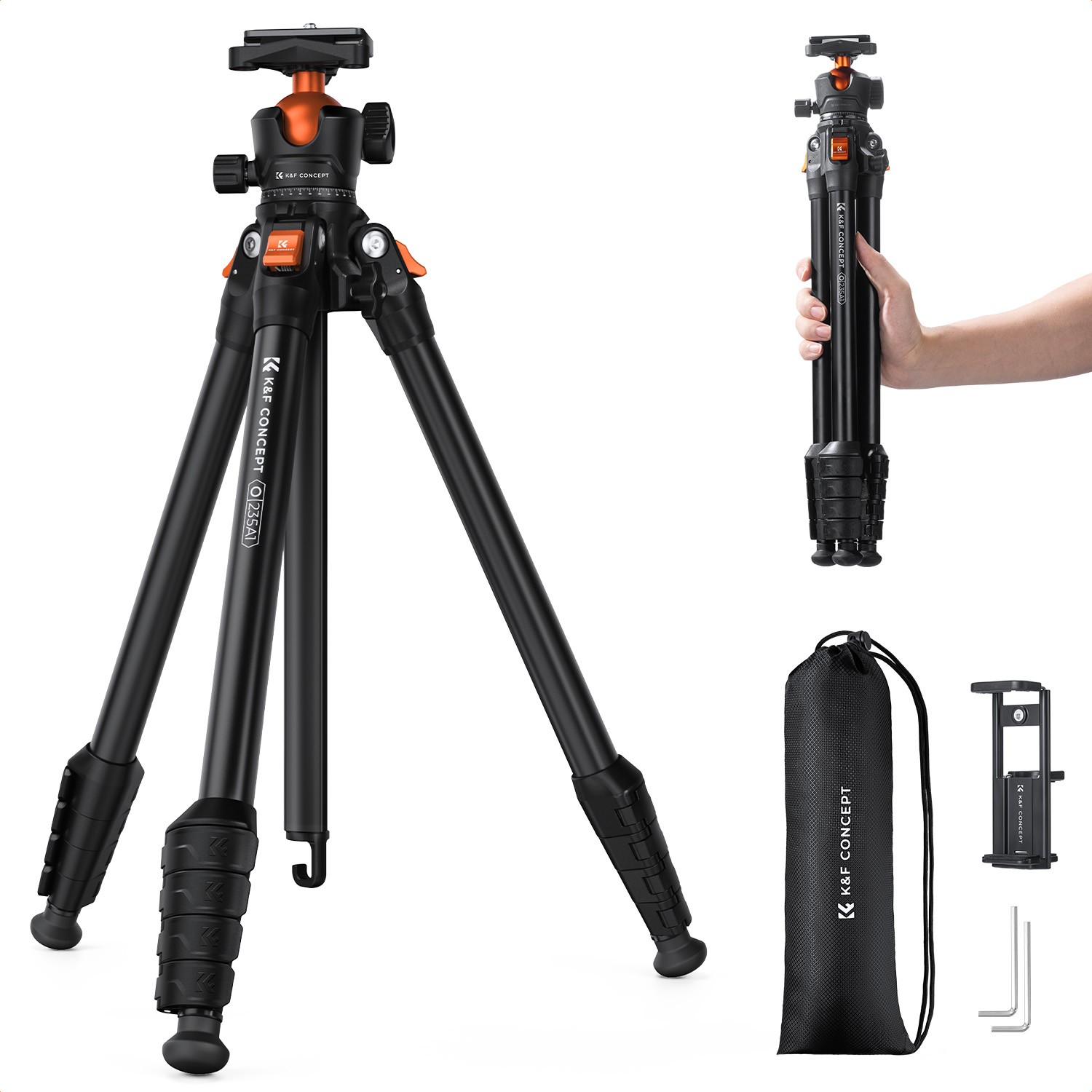 K&F Concept 63" Lightweight Camera Tripod 2-in-1 Rubber Feet + Metal Spikes
