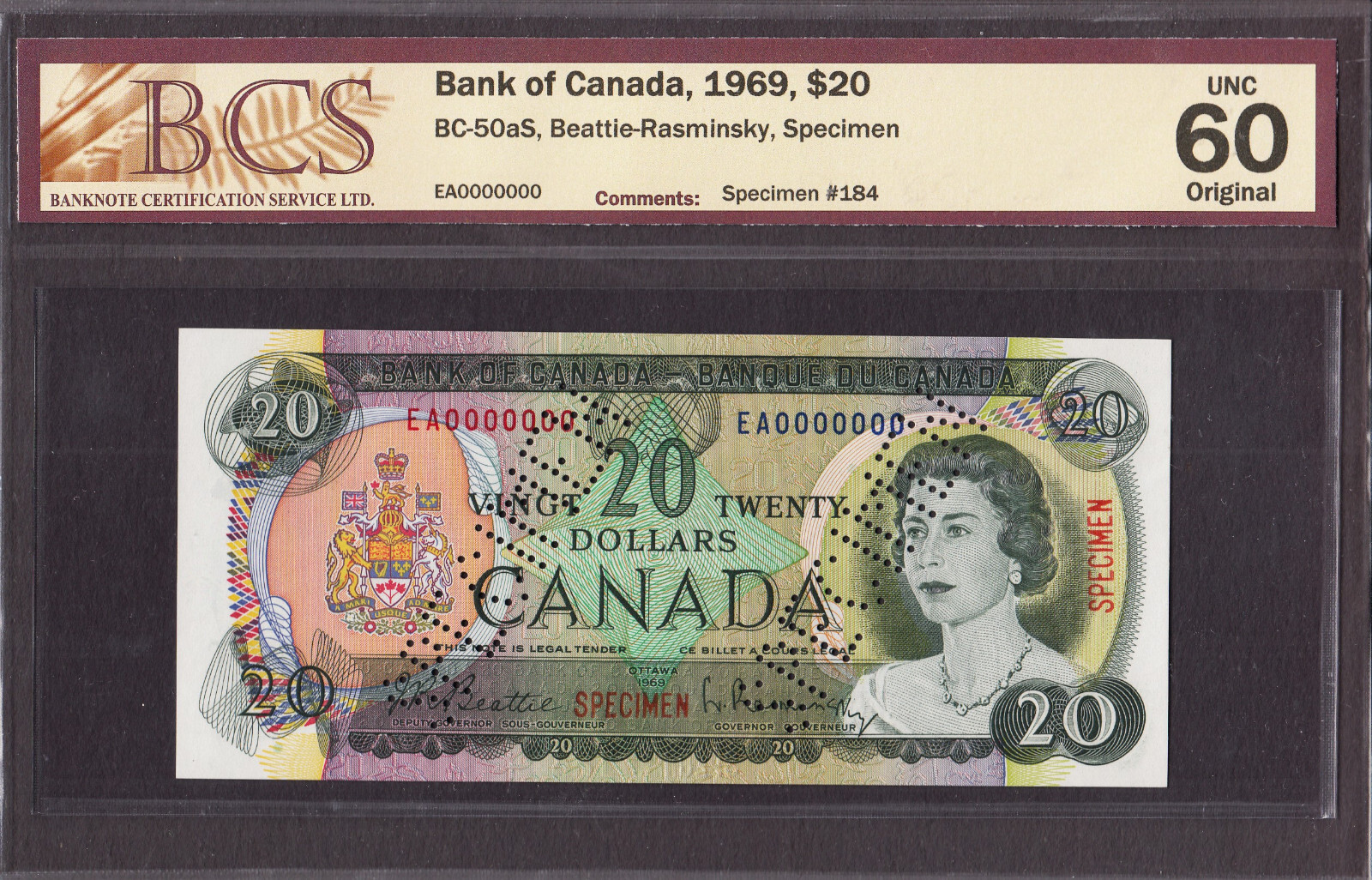 Canada 20 Dollars SPECIMEN 1969 BC-50aS EA-0000000 #184 UNC BCS 60 ORIGINAL