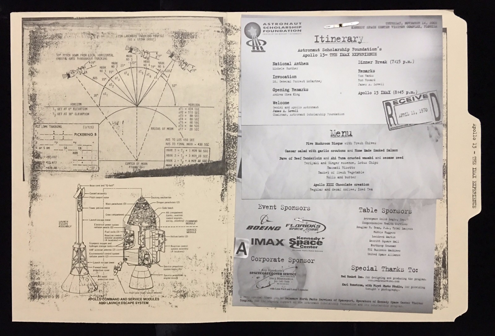APOLLO 13 / IMAX EXPERIENCE MOVIE ASF ITINERARY VIP DINNER AT KSC/VC PORTFOLIO