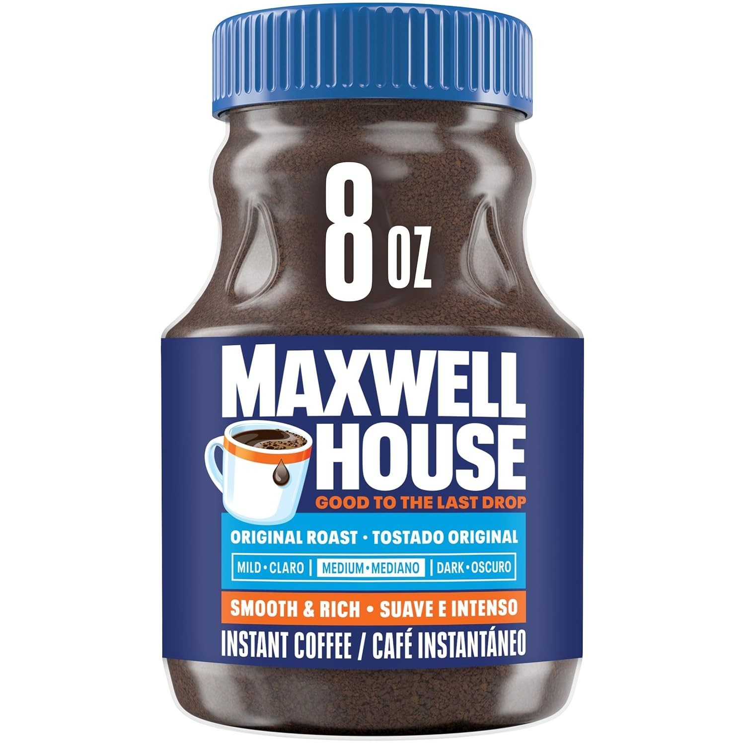 Maxwell House Original Roast Instant Coffee, 8 oz Jar.