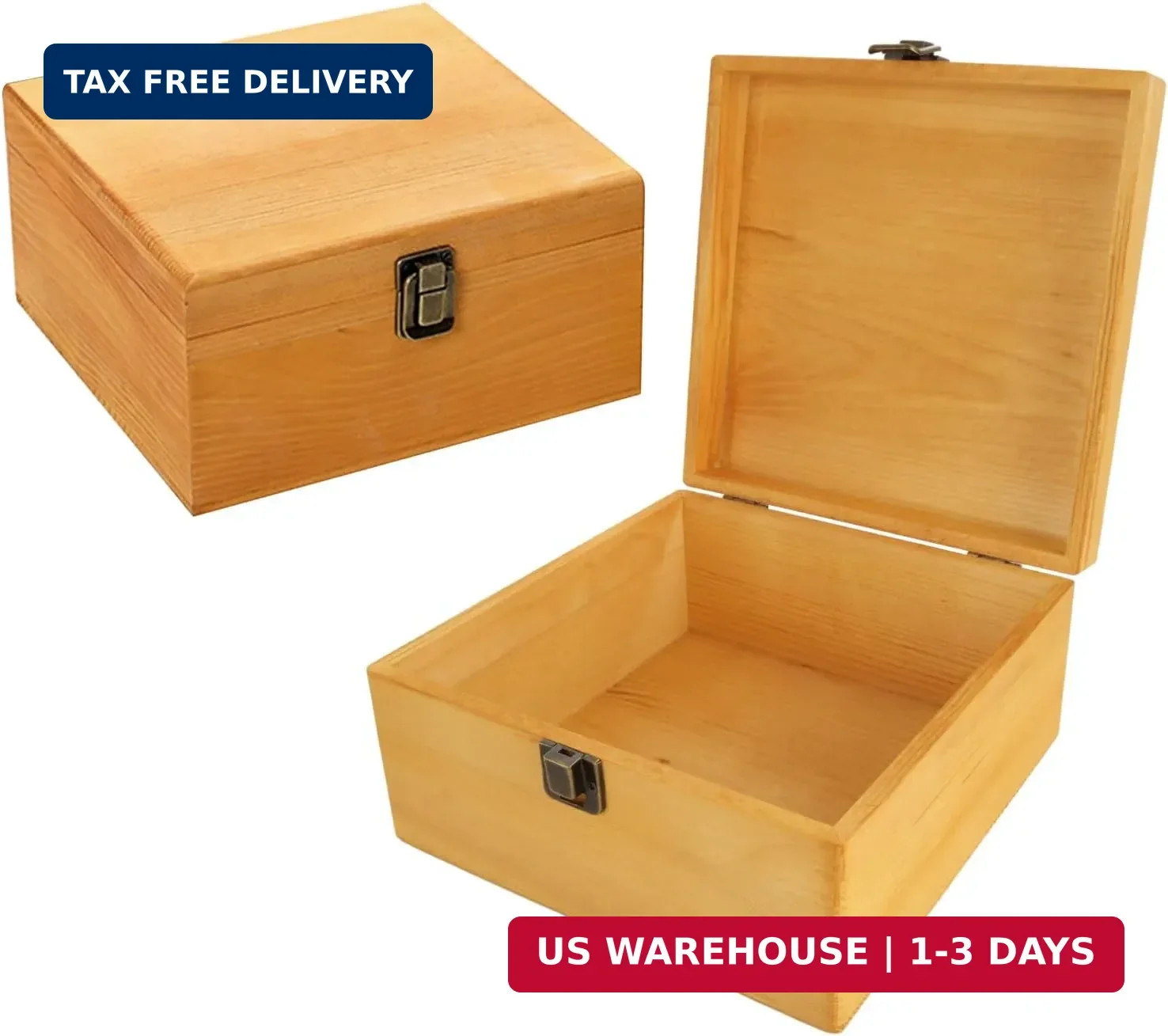 2 Pack Wood Box with Lid 7.8 x 7.8 x 4 Inch, Wooden Storage Box Container with H