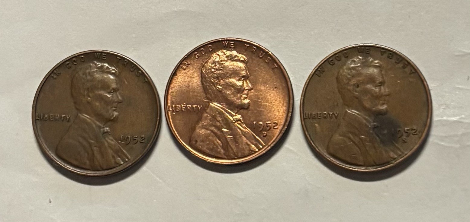 US Coins 1952 P D S Lincoln Cent  Circulated(3 Coins)