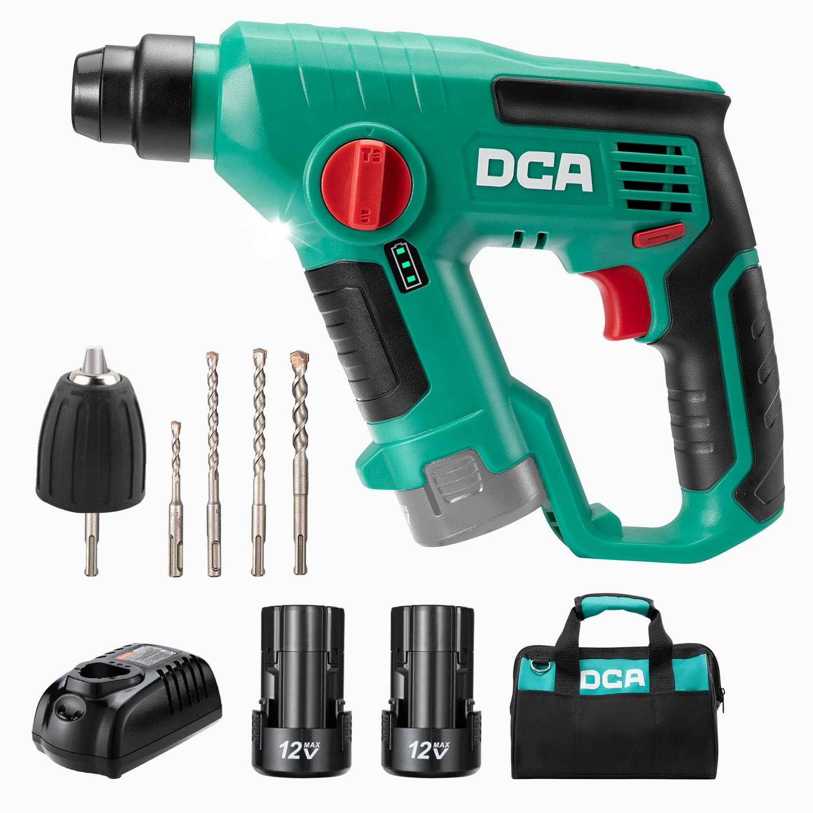 DCA 12V Cordless Drill Set SDS-Plus Hammer Drill, 1J 3-IN-1 Power with...