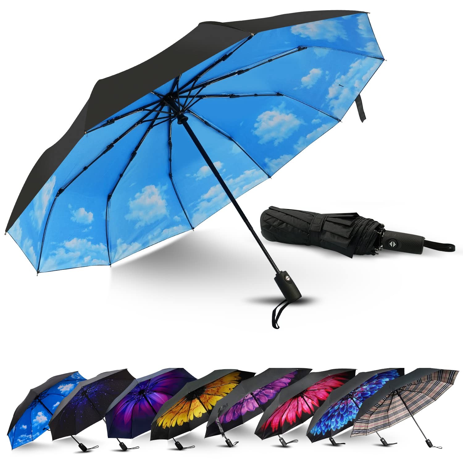 Compact Travel Umbrella Automatic Open Close Windproof UPF 50 Sun Rain
