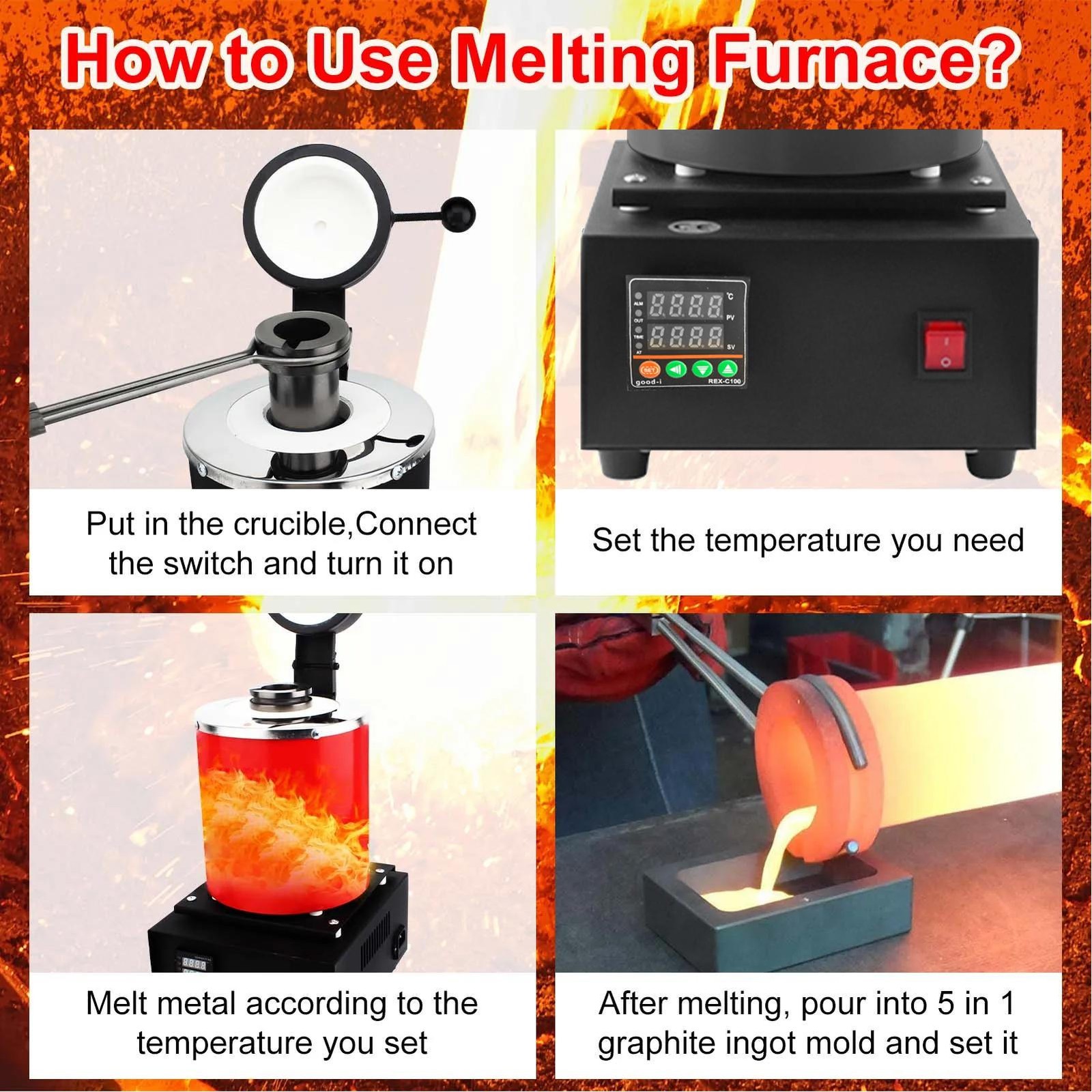 1500W 3KG Digital Black Melting Furnace Kit 2100°F with Graphite Crucible 110V