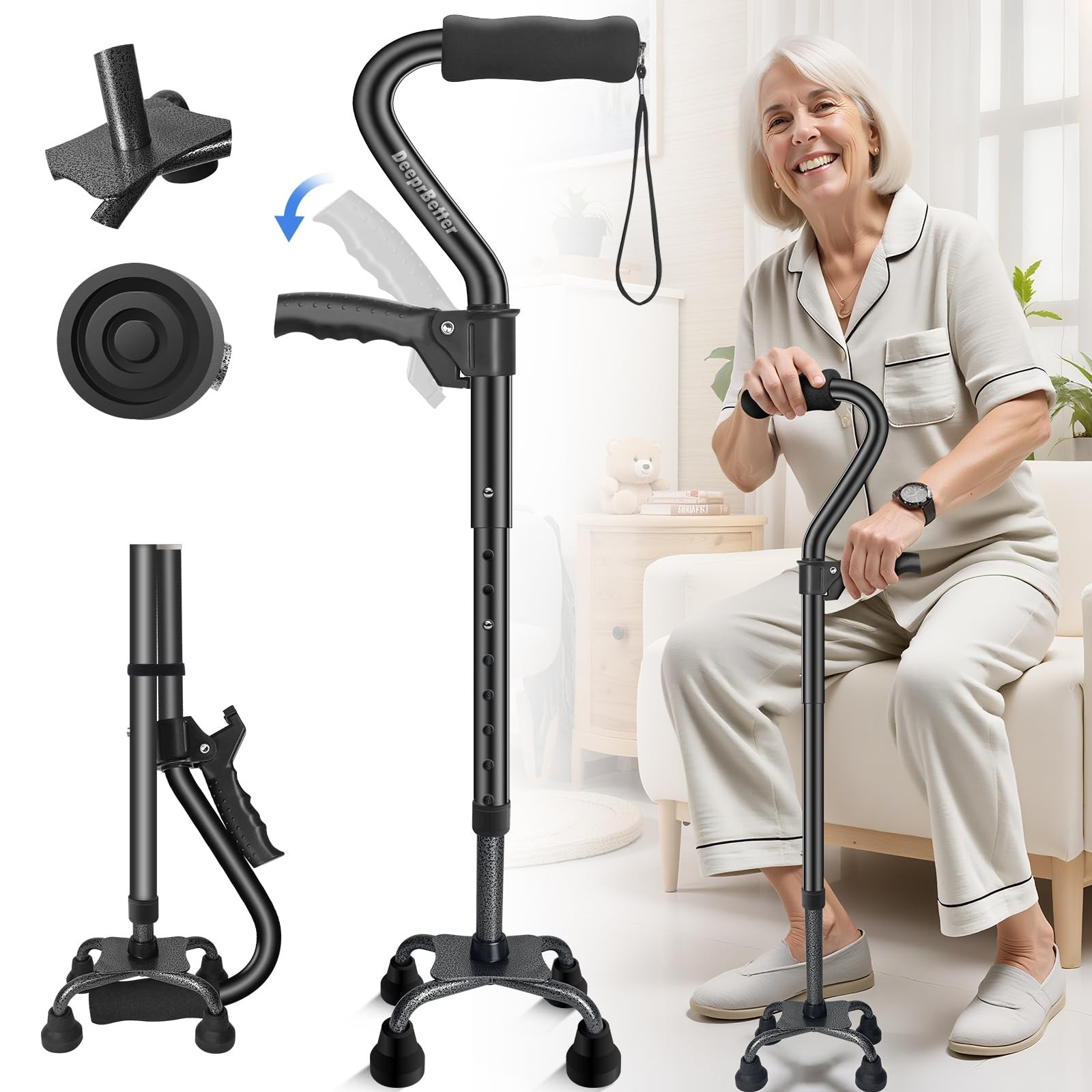 Quad Cane, 4 Prong Walking Cane for Men & Women, Heavy Duty| Adjustable Walki...