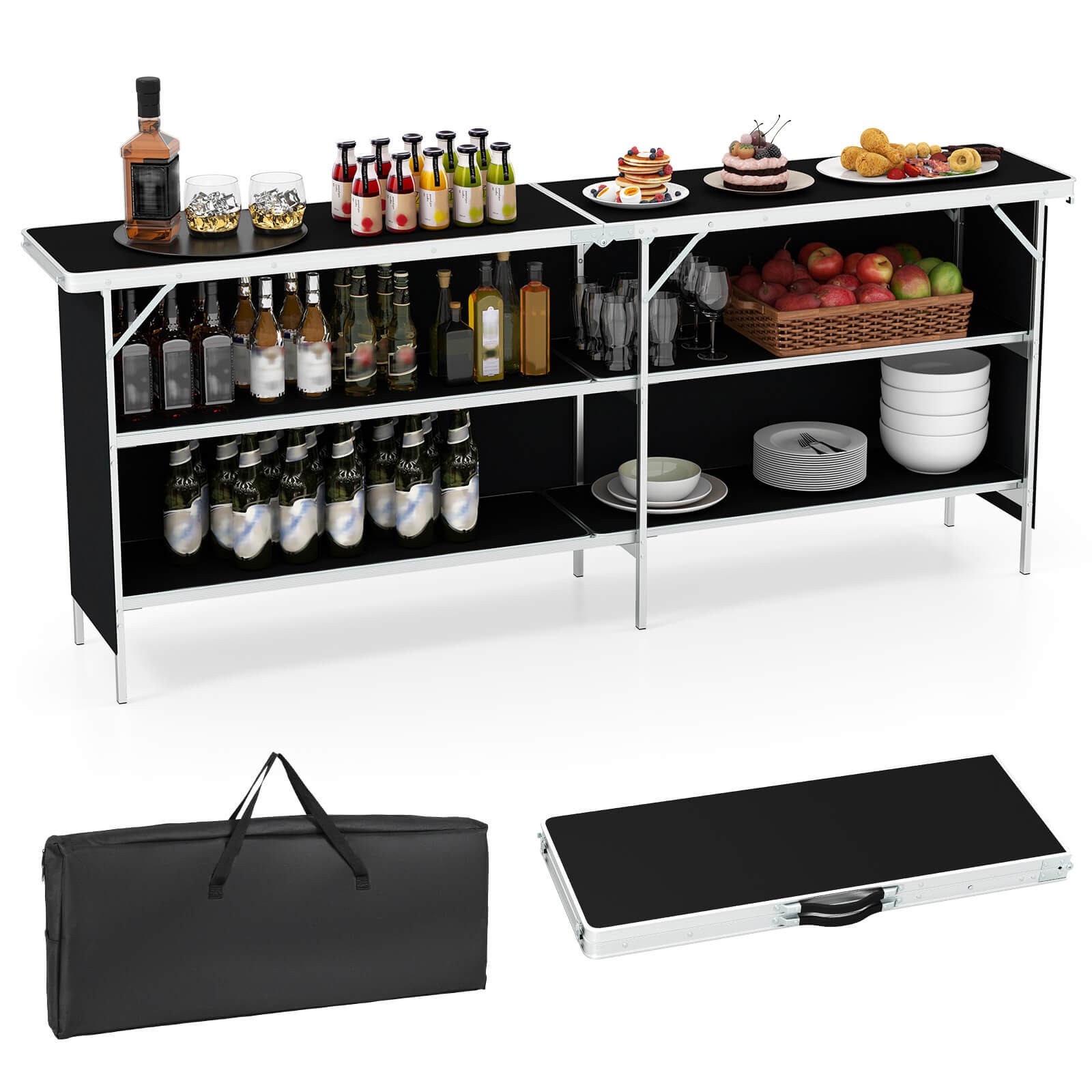 Portable Bar Table Folding Camping Table w/ Aluminum Alloy Frame 2-Tier Shelves