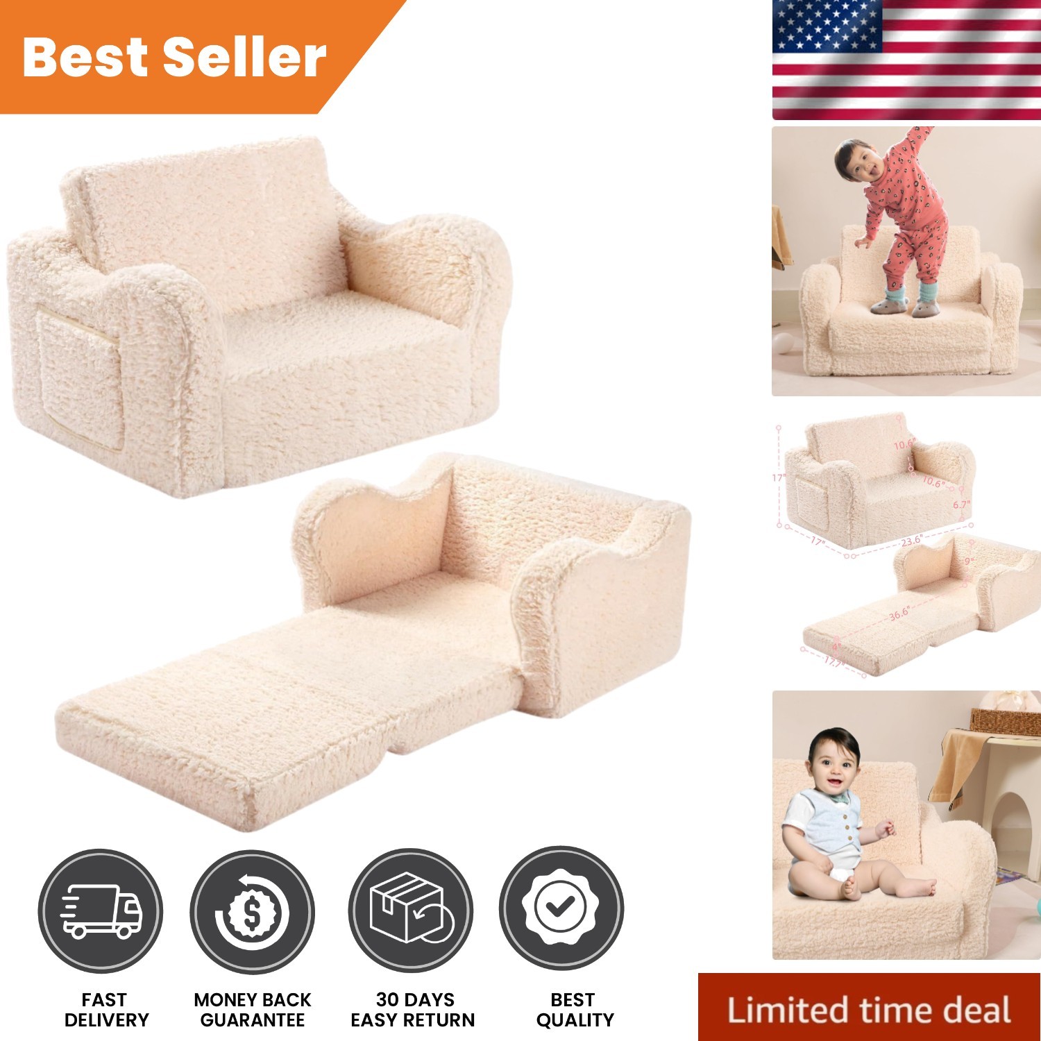 2-in-1 Kids Sofa: Flip-Out Foam Lounge Chair with Soft Sherpa Cover - Cream