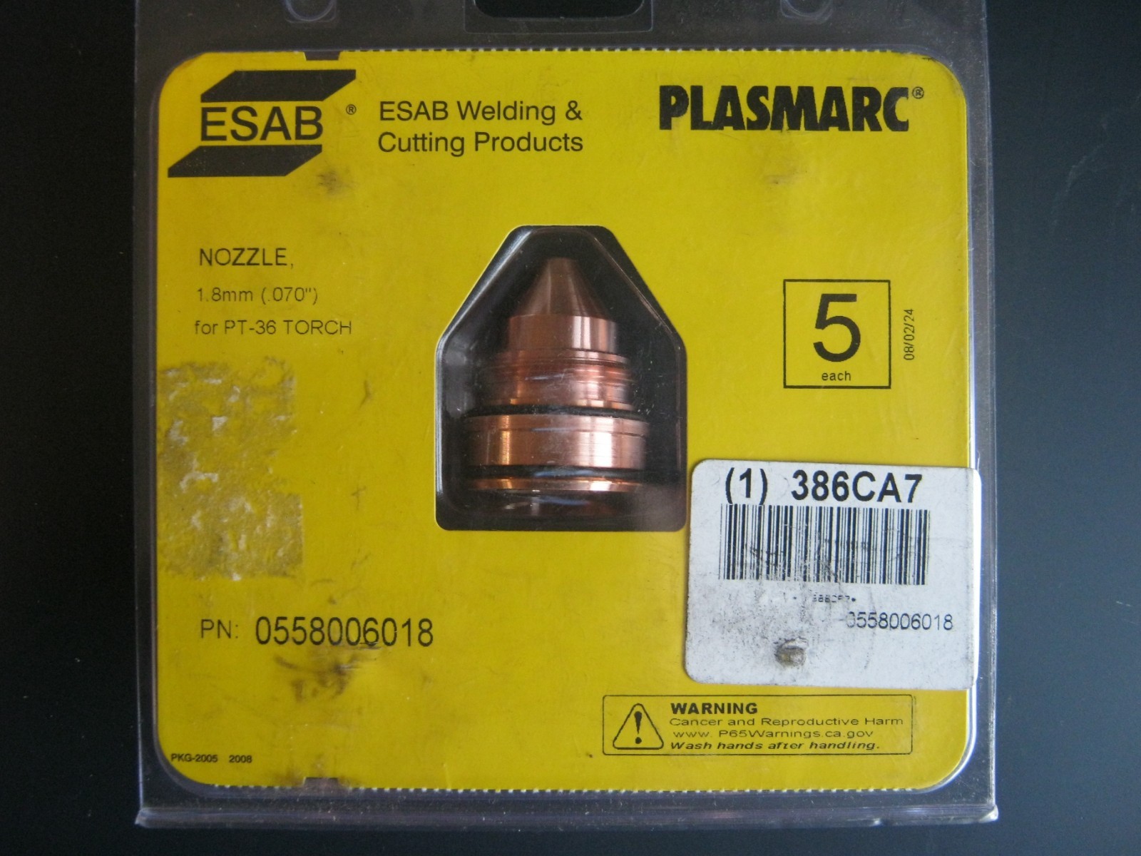 NEW QTY 5 ESAB 0558006018 Plasmarc Nozzle 1.8mm  .070"  for PT-36 Torch 386CA7