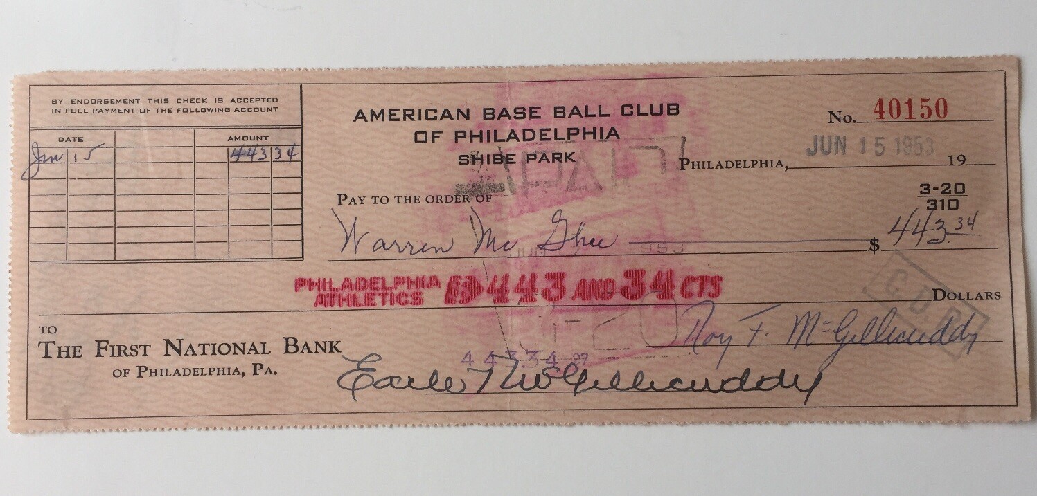 1953 Philadelphia A's Payroll Check Made Out To Warren McGhee  6/15