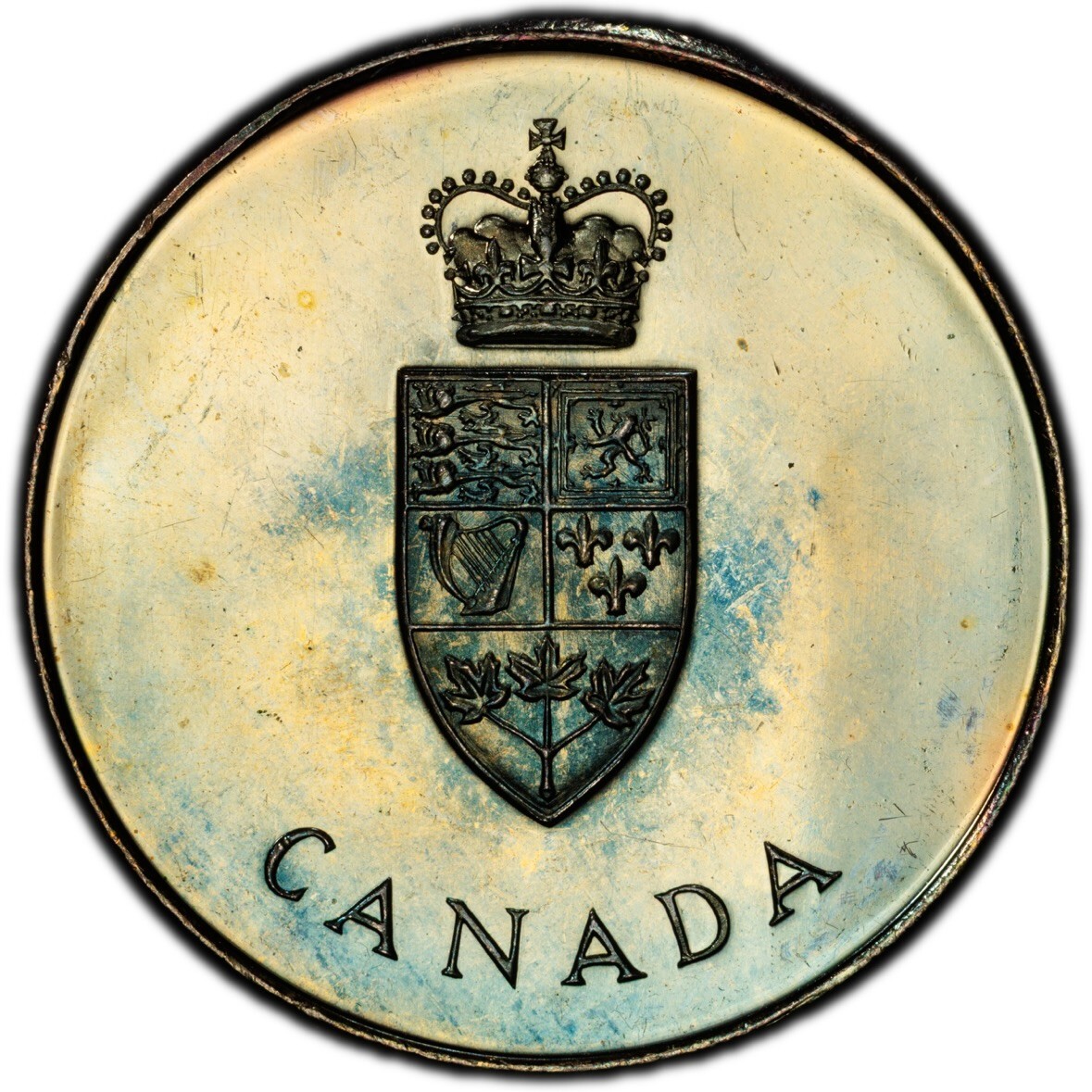 PL65 1967 Canada Silver Centennial Proof Medal, PCGS Trueview- Rainbow Toned
