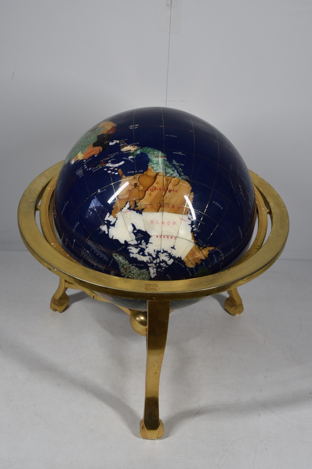 12" Gemstone Tabletop World Globe Tripod Stand Natural Mineral Inlay Map Rotates