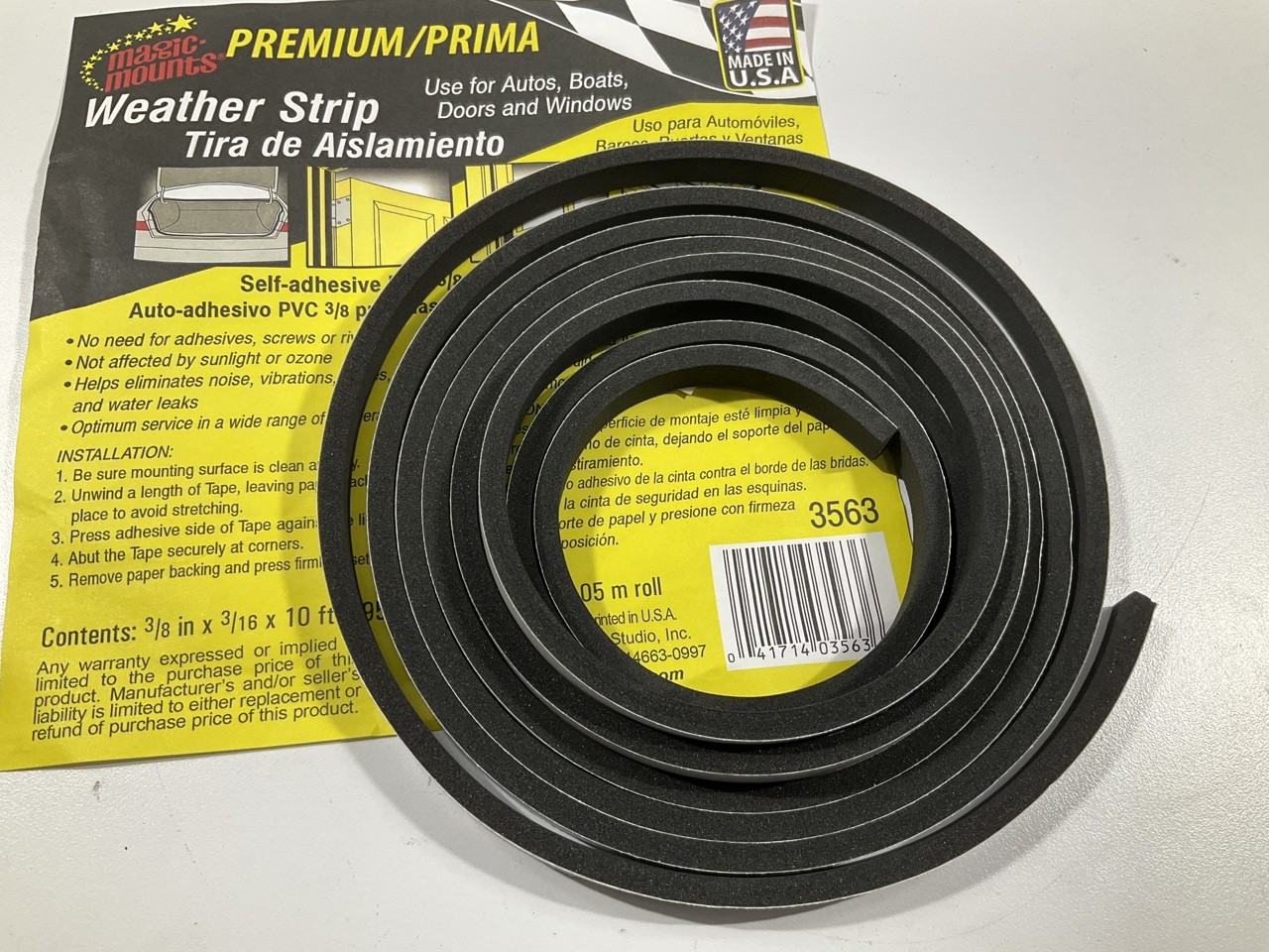 Magic Mounts 3563 Premium Self-adhesive PVC Weatherstrip Seal 3/8" X 3/16" 10 FT