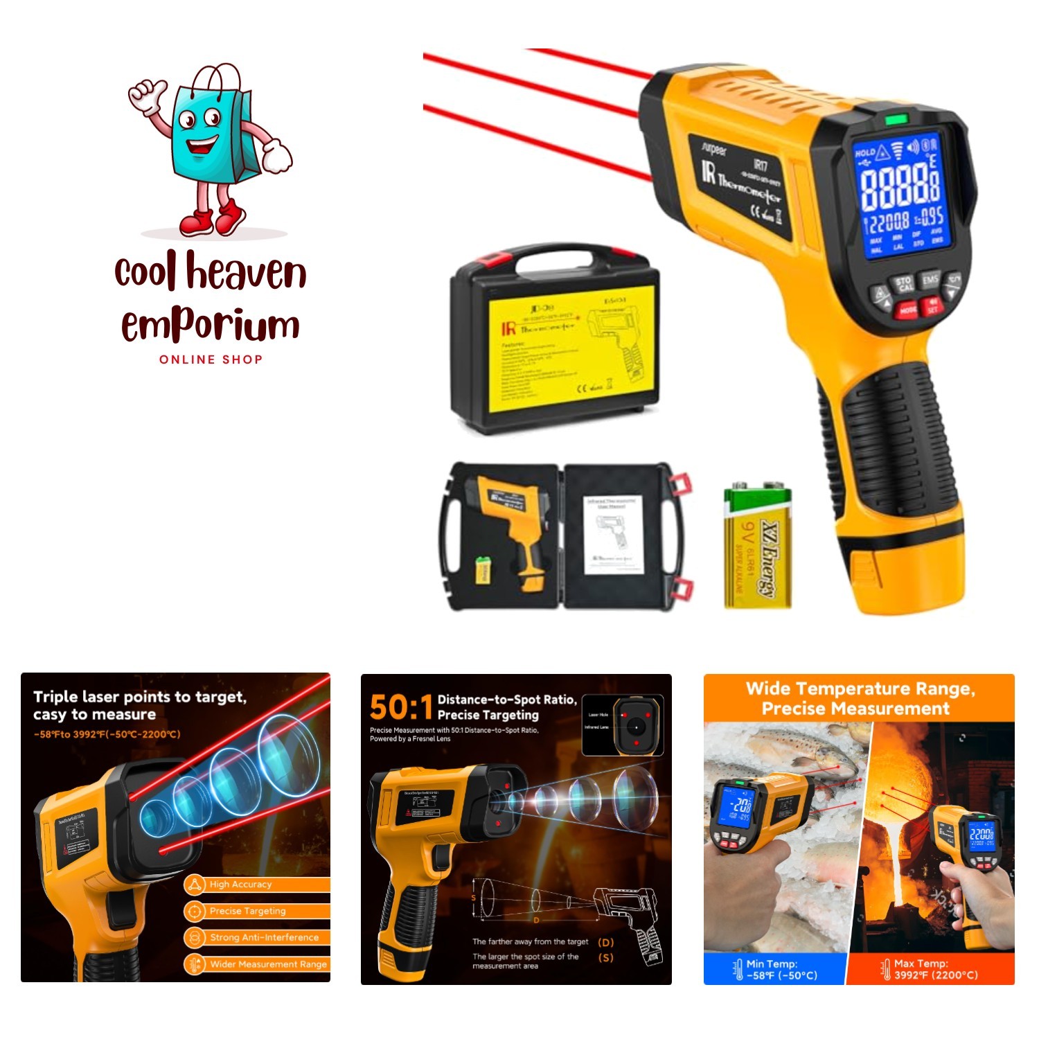 58°F to 3992°F Infrared Thermometer with Triple Laser & 50:1 Precision Ratio