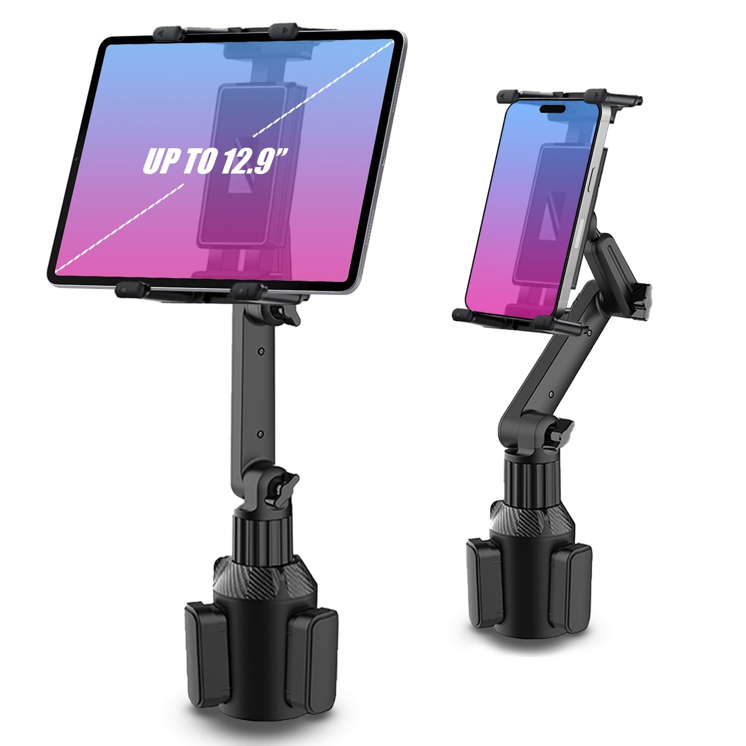 Cup Holder Car Tablet Mount for Car, 360° Adjustable 15" Long 2-Arm Stand Hol...