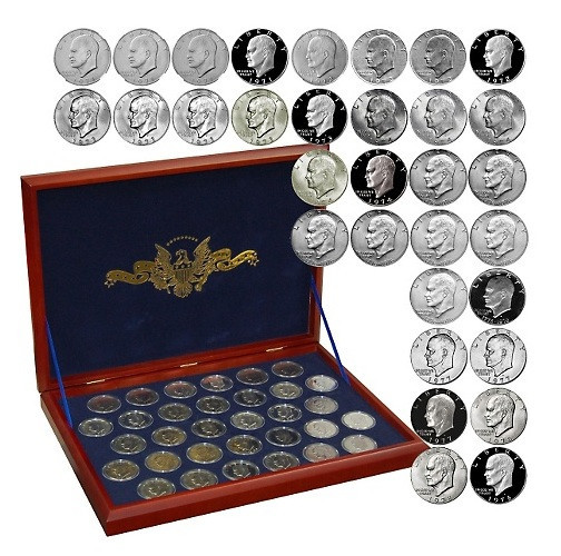 1971-78 32 COIN FULL EISENHOWER DOLLAR UNC/PROOF SET IN WOOD COLLECTORS BOX PDS