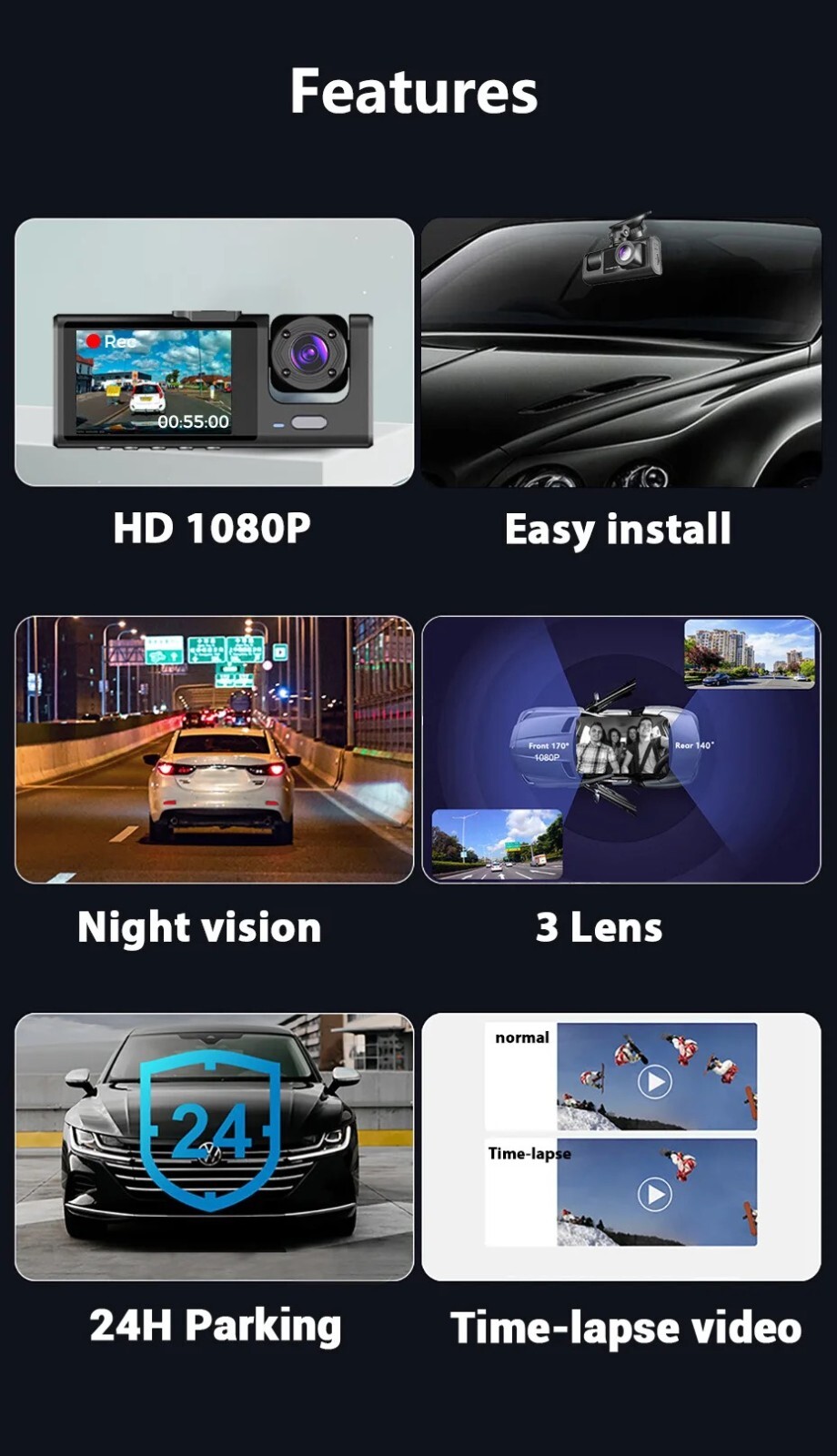 Dash Cam HD 1080P Car Dual Lens Front/Rear/Inside Video Recorder Camera G-sensor